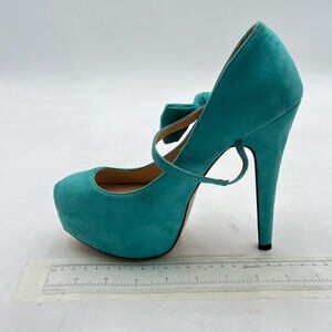 FSJ Blue Bow Stiletto Heels Vegan Suede Mary Jane Pumps with Platform